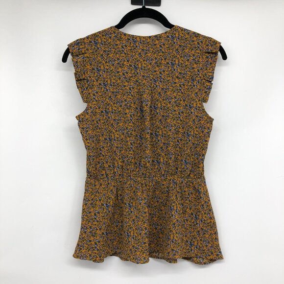 Monteau Mustard blue Floral V-neck Peplum Hem Top size S - Picture 2 of 13